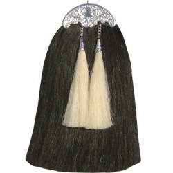 Black Horsehair Sporran with 2 White Tassels and Gold Plate Hardware
